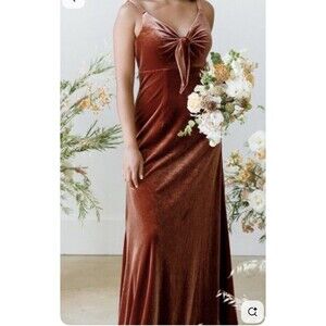 Revelry Drew Velvet Maxi Gown Dress Sz 4  Tie Front Bridesmaid Terracota Brown